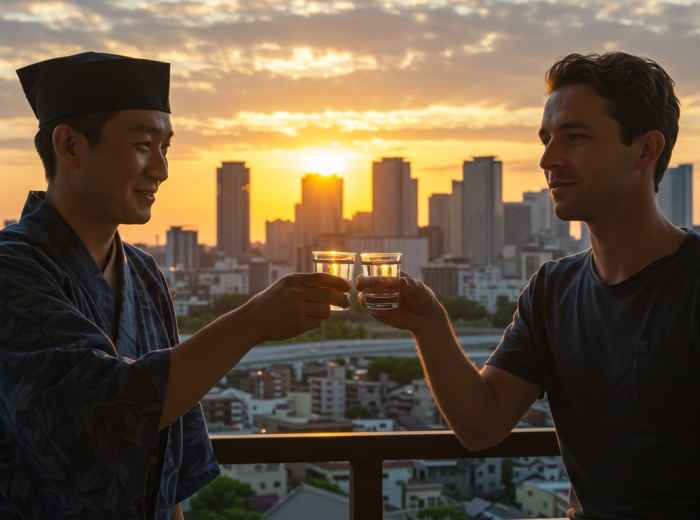 Host and guest toasting at sunset with Osaka skyline. 