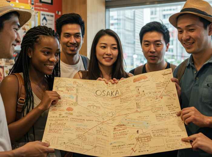 A diverse group of travelers looking at a handwritten itinerary.