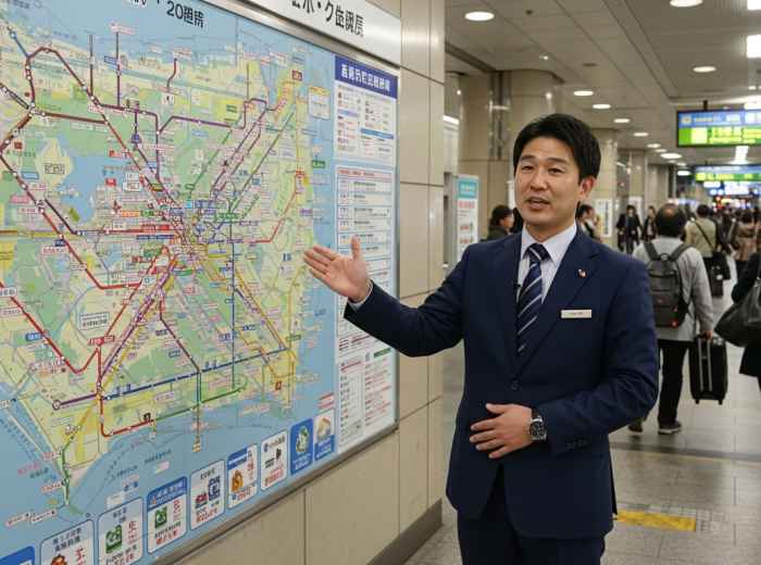 A host explaining train connections at a station map.