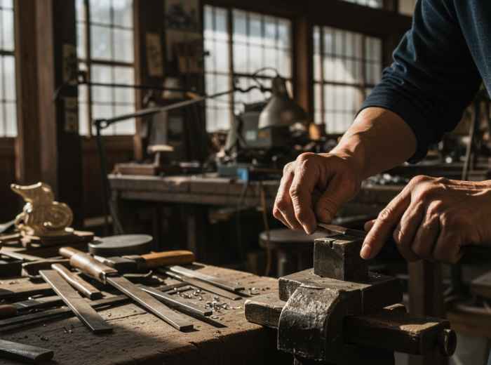 Skilled artisan hands working on traditional Japanese metalwork in a small, tool-filled workshop with natural light streaming through windows.