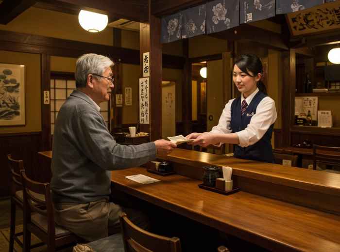 Cash transaction at traditional restaurant with friendly interaction between customer and staff. 