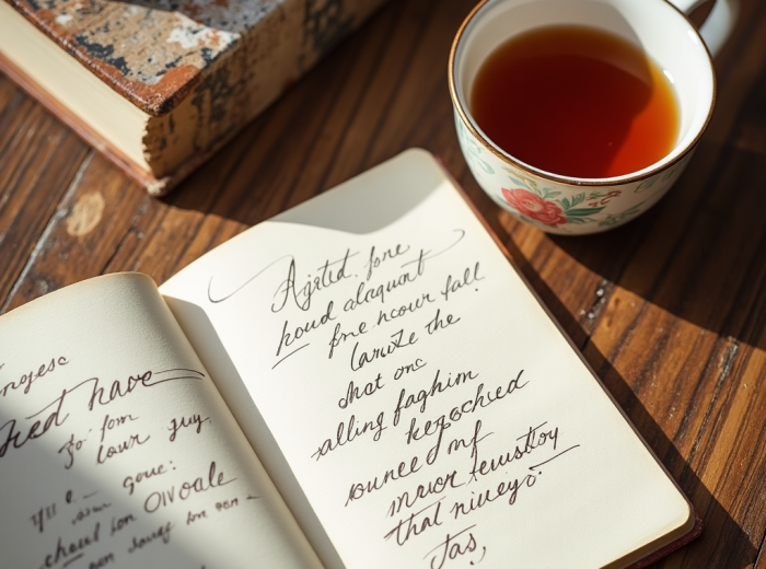Handwriting in travel journal next to cup of tea