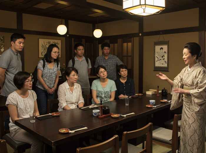 A guide demonstrating dining etiquette to guests at a traditional-style restaurant