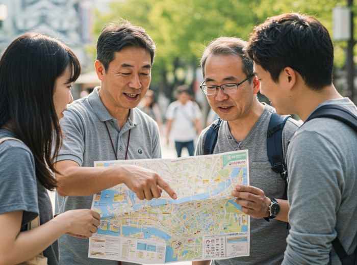 A guide showing a map or phone to travelers during a casual daytime outing, discussing possible directions or activity options.