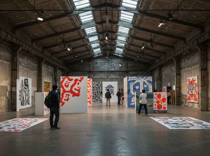 Contemporary pop-up art installation displayed inside a large, open warehouse space in Kyoto.