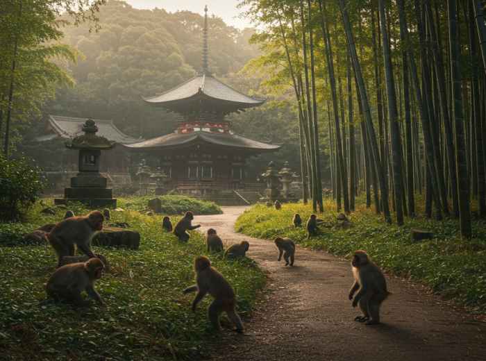 Japanese macaques playing close by with traditional temple buildings visible in the distance in Kyoto.