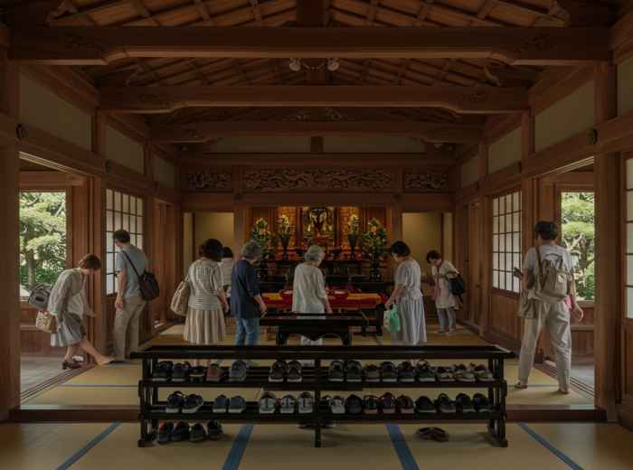 A traditional wooden temple interior with tatami mats and visitors removing shoes at the entrance