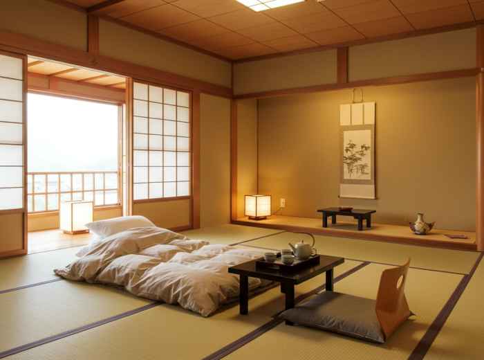 A traditional ryokan room with tatami mats, futon bedding, and sliding paper doors