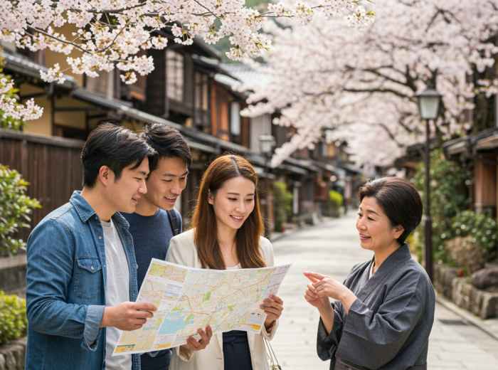 Couple checking a map with their host on a quiet Kyoto street