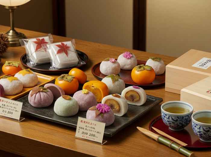Traditional Japanese sweets featuring autumn ingredients like persimmons and chestnuts.