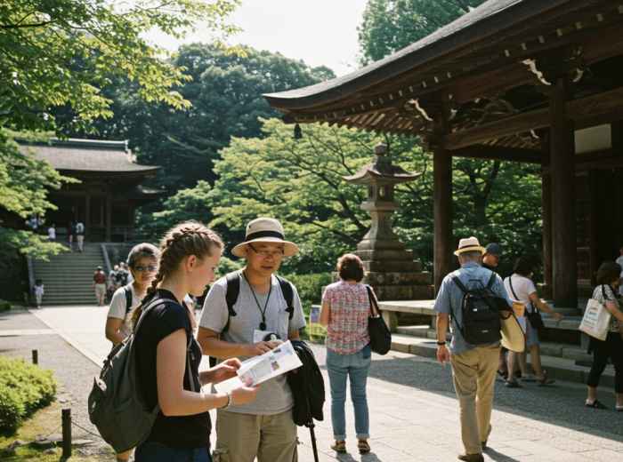 Visitors walking through temple grounds with guide book, planning their route