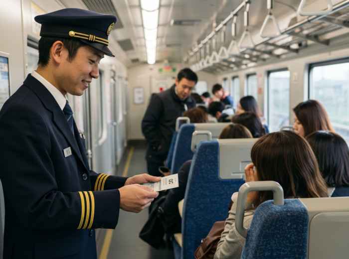 Train conductor checking JR passes