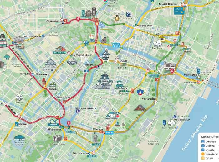 Map showing walking routes connecting major Osaka attractions with neighborhood discoveries along the way