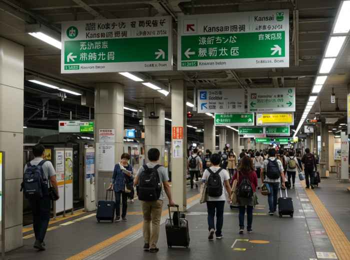 Train platform showing direction signs for various Kansai destinations including Kyoto, Nara, and Kobe