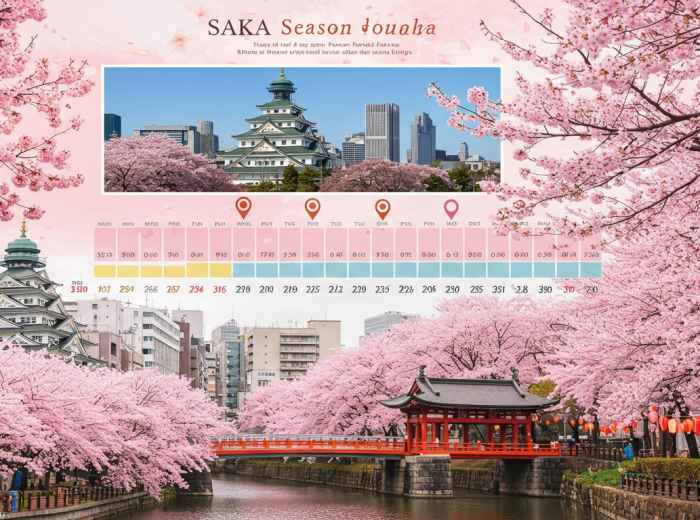 hanami season forecast calendar showing peak bloom dates across different Osaka locations.
