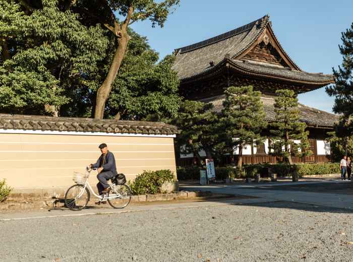 Quiet Kyoto alley with temples in frame