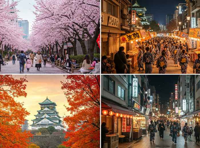 Seasonal collage of Osaka—cherry blossoms, summer festival, autumn leaves, and winter street food.