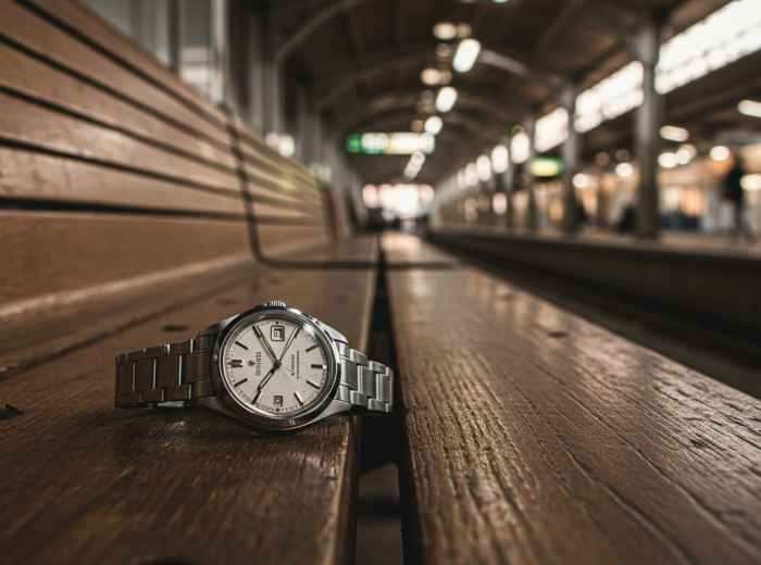 A watch lying on a Hiroshima station bench