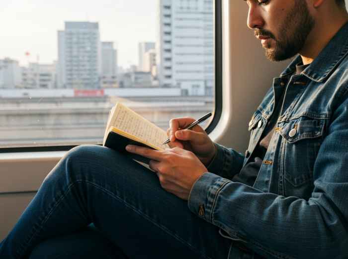 A person journaling on the train back to Osaka
