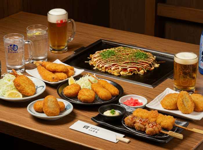 A colorful spread of kushikatsu, okonomiyaki, and local beverages on a traditional wooden table. 