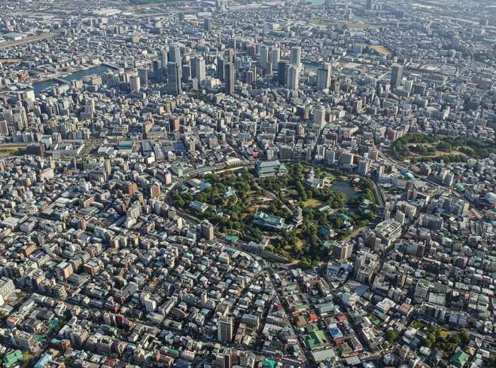 Overhead shot of Osaka's cityscape with distinct districts visible