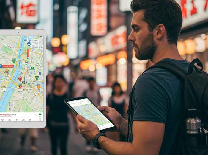 Well-prepared traveler with emergency contacts, translation apps, and local maps