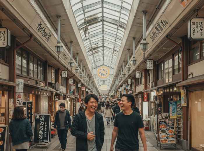 Guest and host laughing while walking through a covered shopping arcade. 