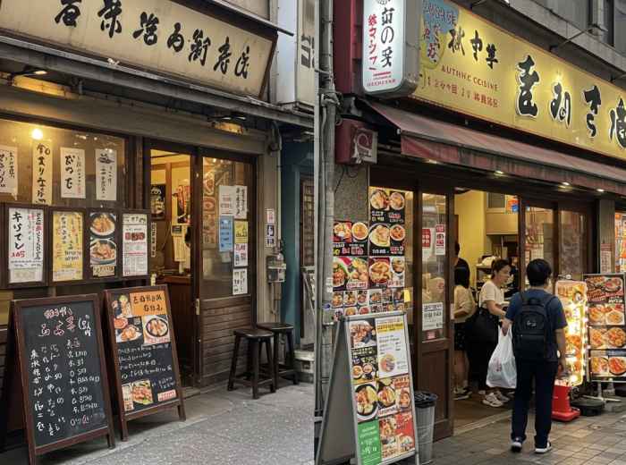 A local eatery with handwritten menus contrasted with a tourist-focused restaurant with bright signage and photo menus.