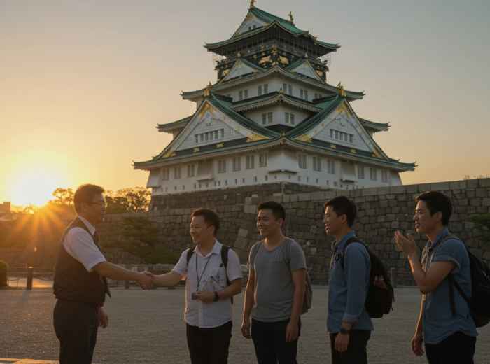 A warm farewell between a guide and travelers at sunset outside a recognizable Osaka landmark.