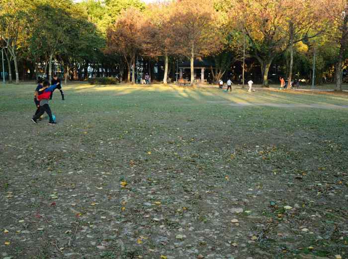 Small neighborhood park with local residents exercising in the early morning. small neighborhood park with local residents exercising in the early morning osaka