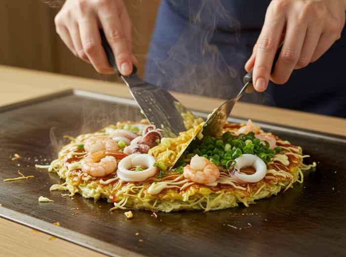 Close-up of hands mixing okonomiyaki batter with cabbage, seafood, and green onions on a table grill, showing the DIY nature of the dish