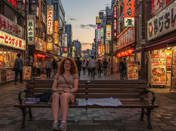 A tired but happy tourist sitting on a bench in Dotonbori at sunset, guidebook and map beside them, with the busy district continuing its evening activities in the background.