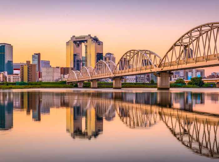 A wide shot of Osaka skyline at sunset with Umeda Sky Building in view