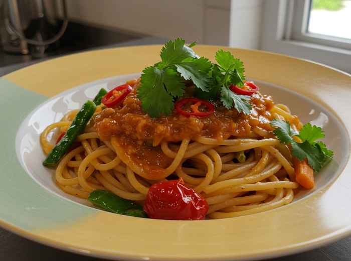 Fusion dish combining Italian pasta with Japanese dashi-based sauce and local ingredients