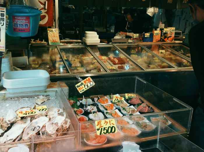 Clean and busy sushi counter with fresh fish displayed on ice and active preparation Photo by Alicja Podstolska on Unsplash