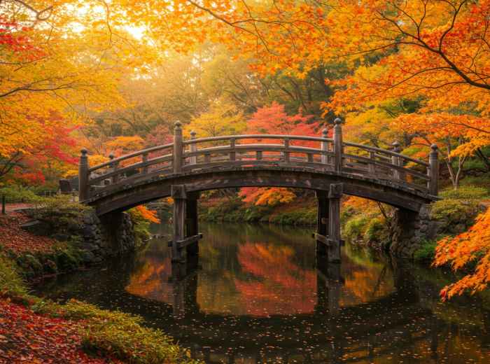 A wooden bridge crossing a stream in Minoo Park with bright autumn foliage reflected in the still water below