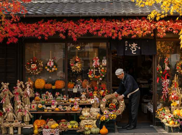 A small local shop front decorated with autumn leaves and displaying seasonal goods, with an elderly shopkeeper arranging items outside