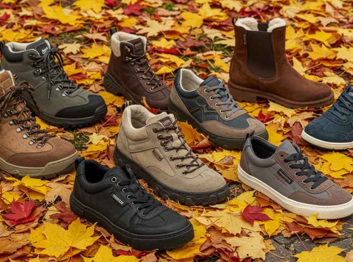 Different types of appropriate footwear for autumn walking in Osaka, arranged on fallen autumn leaves to show seasonal context
