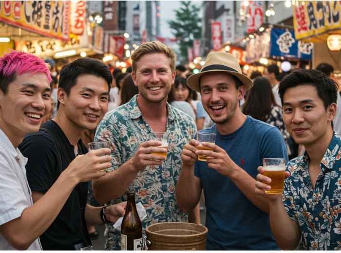 Group of friends sharing drinks at outdoor festival osaka