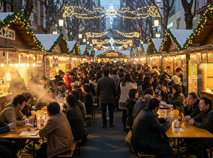 Locals and visitors sharing tables at a christmas market, with steam rising from hot drinks and food.