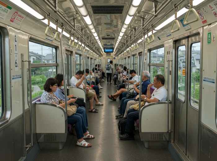 Modern air-conditioned train car on the Keihan Electric Railway with passengers escaping summer heat.
