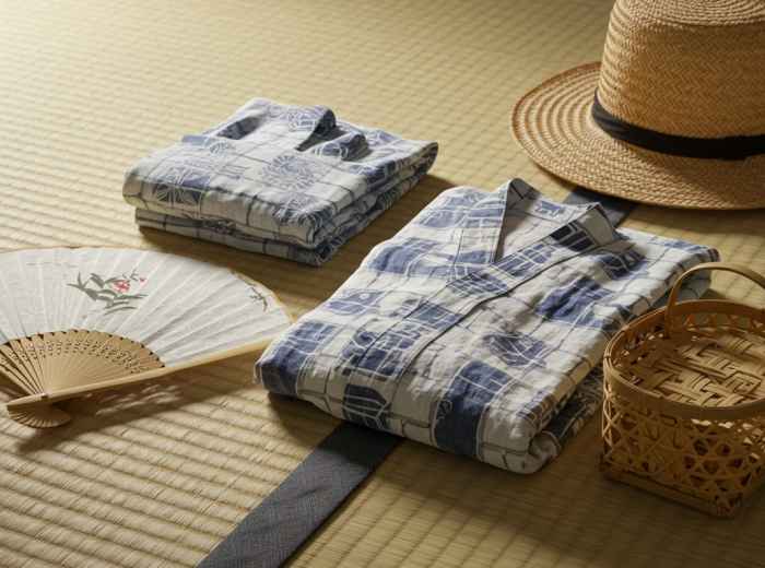 Traditional summer travel essentials including uchiwa fan and lightweight clothing on tatami mat.