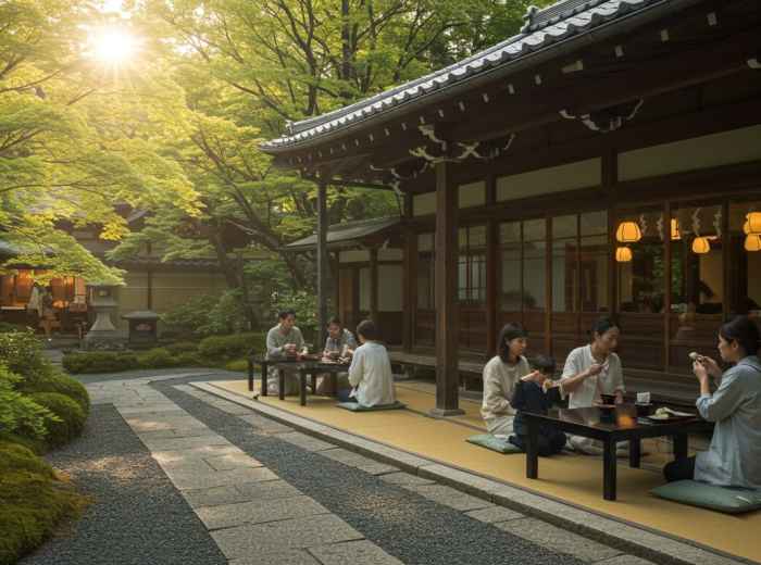 A peaceful temple cafe with families enjoying traditional treats in garden settings