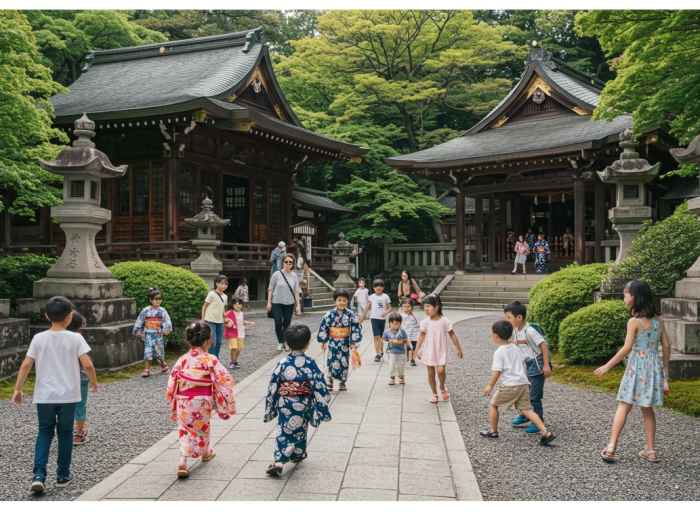 Mixed groups of local and visiting children playing together in temple grounds