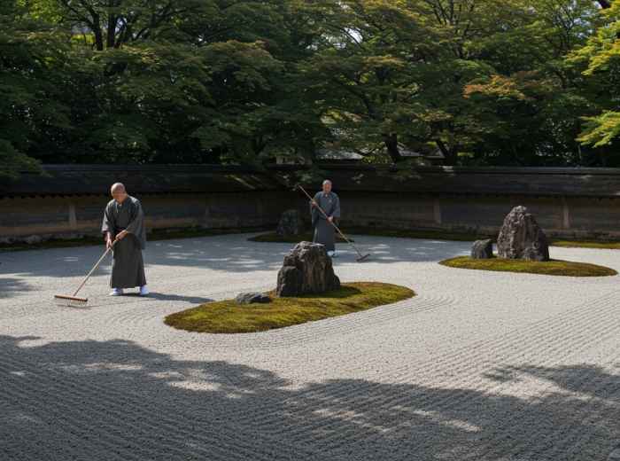 Monks raking gravel around carefully placed stones in Zen garden