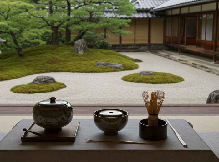 Traditional tea ceremony setup overlooking Zen temple garden