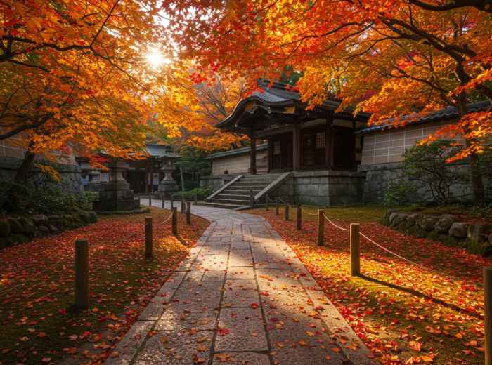 Play of light and shadow through autumn leaves on temple ground.
