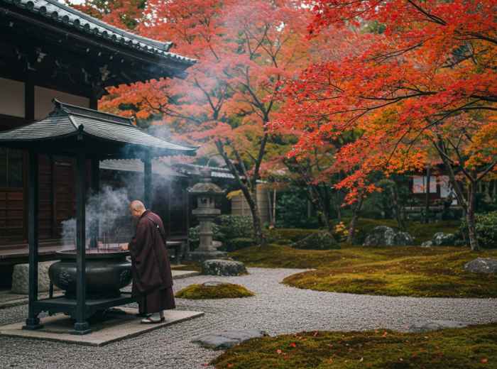 Traditional incense burning with autumn temple garden