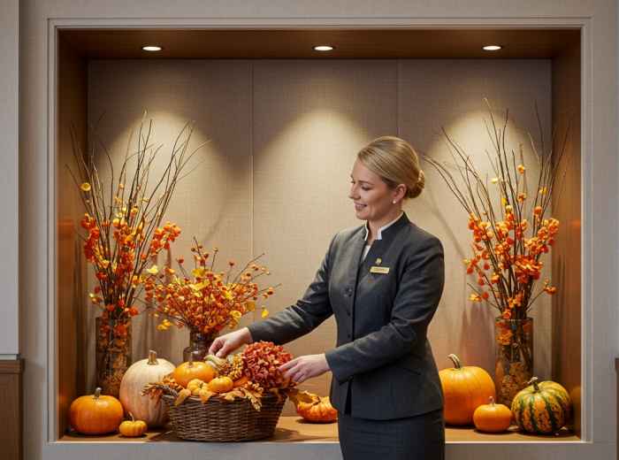 Hotel concierge arranging seasonal autumn decorations in an alcove