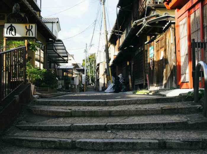 Stone steps leading up to Kiyomizu-dera with traditional wooden buildings lining the path Photo by Leopold Maitre on Unsplash